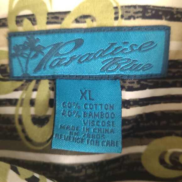 Paradise Blue Hawaiian Shirt Mens XL Floral Striped Button Down Cotton Bamboo - Picture 6 of 14